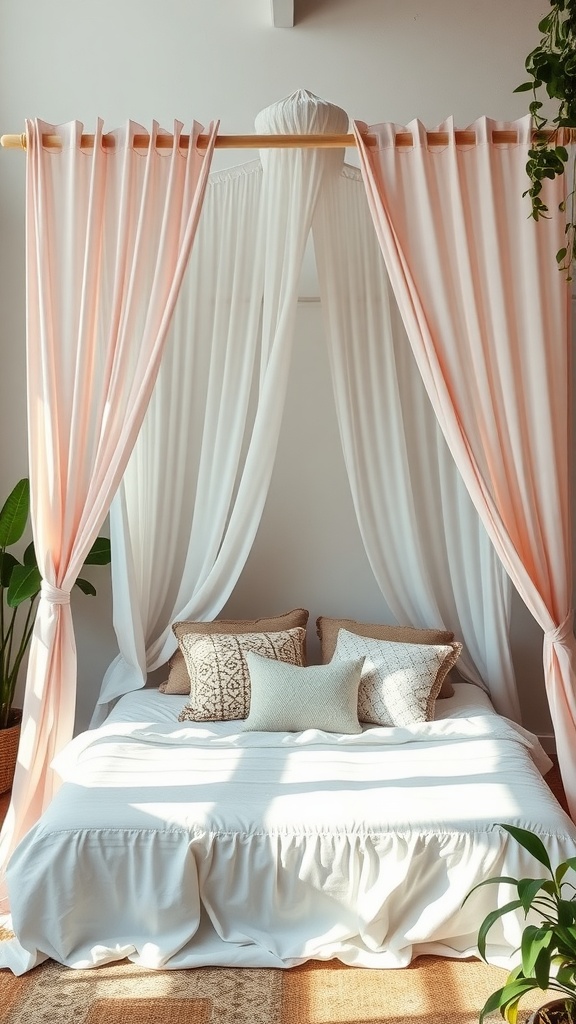 A bohemian bedroom featuring a canopy bed with pastel drapes, decorated with pillows and surrounded by plants.