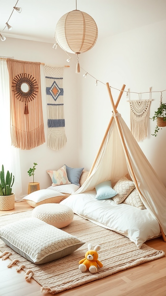 A cozy boho-style kids' bedroom featuring a teepee, soft pillows, and warm decor.