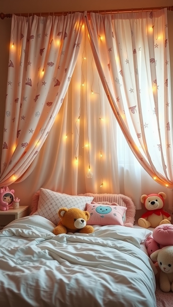 Soft pink drapes with fairy lights in a cozy toddler bedroom, featuring plush toys on the bed.