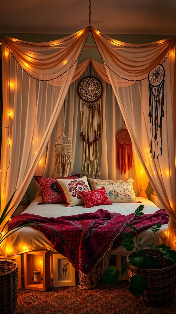 A cozy Boho bedroom featuring draped fabrics, warm lights, and colorful pillows, creating a dreamy atmosphere.