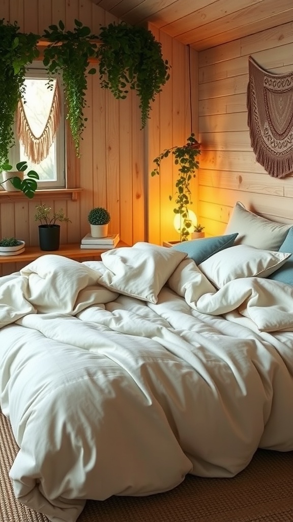 A cozy bedroom featuring a soft creamy duvet, wooden walls, and hanging plants, creating a warm and inviting atmosphere.