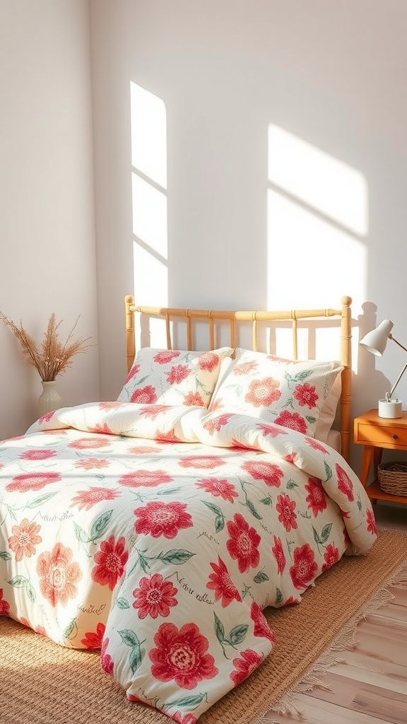 A cozy bedroom featuring a Boho bedding set with floral patterns in pastel colors.