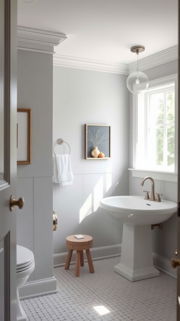 A neutral bathroom painted in Drift of Mist by Sherwin-Williams, featuring a clean white sink, wooden stool, and bright natural light.