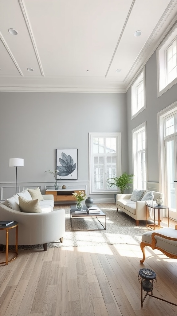 A bright living room featuring soft gray walls and modern furnishings.