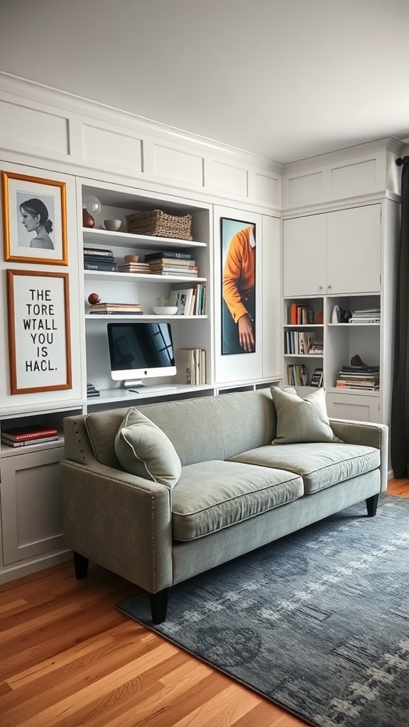 A stylish dual-function couch in a home office with storage, accompanied by shelving and art.