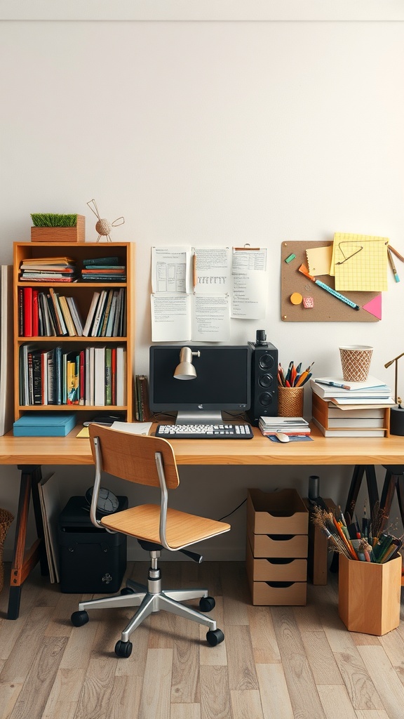 A workspace with a desk, computer, books, craft supplies, and a corkboard.