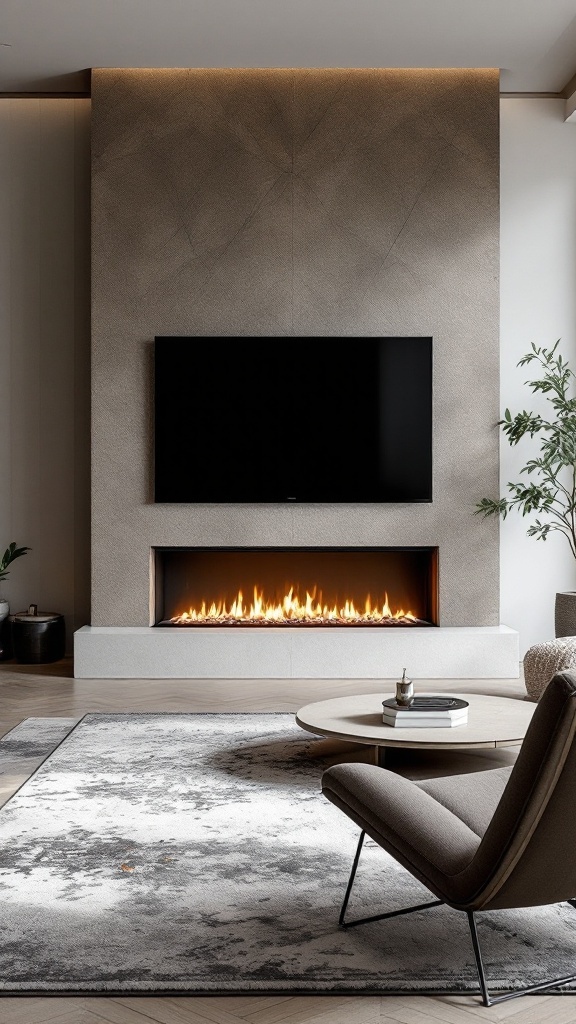 A modern living room featuring a dual-sided fireplace integrated with a TV wall design