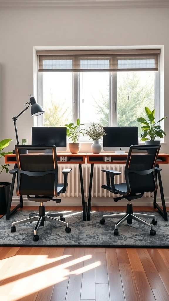 A dual desk home office setup with two modern desks, computers, and plants near a large window.