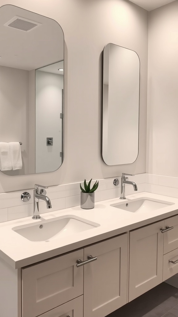 A modern bathroom featuring dual sinks, sleek faucets, and mirrors, emphasizing functionality and style.