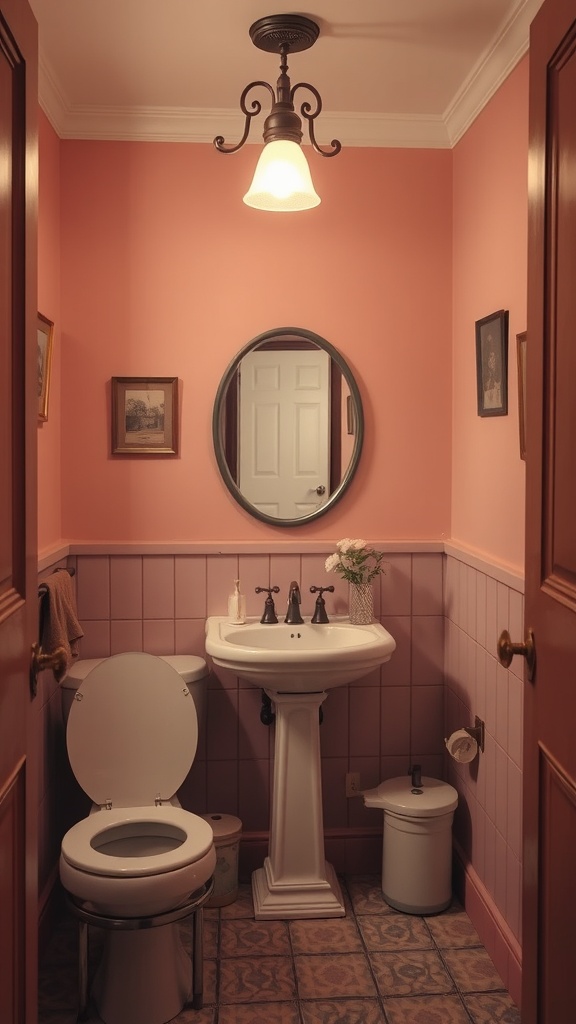 A powder room painted in dusty rose with white fixtures and elegant decor.