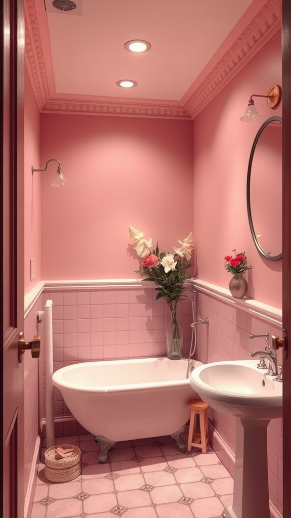 A small bathroom painted in dusty rose with a clawfoot tub, flowers, and modern fixtures.