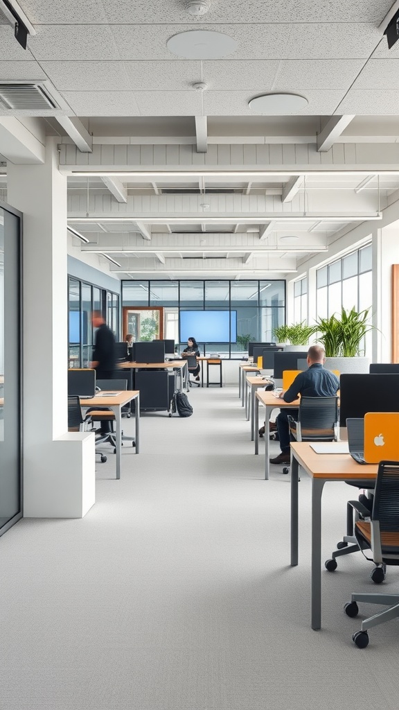 Open office space with desks, plants, and large windows