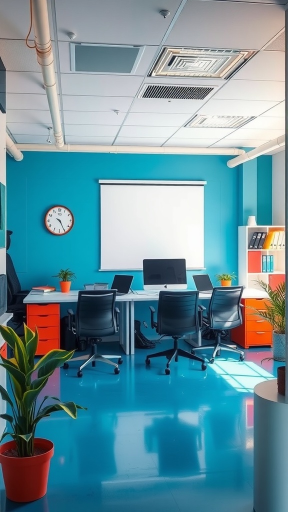 A small office interior featuring turquoise walls, orange storage units, and plants, showcasing a dynamic color palette.