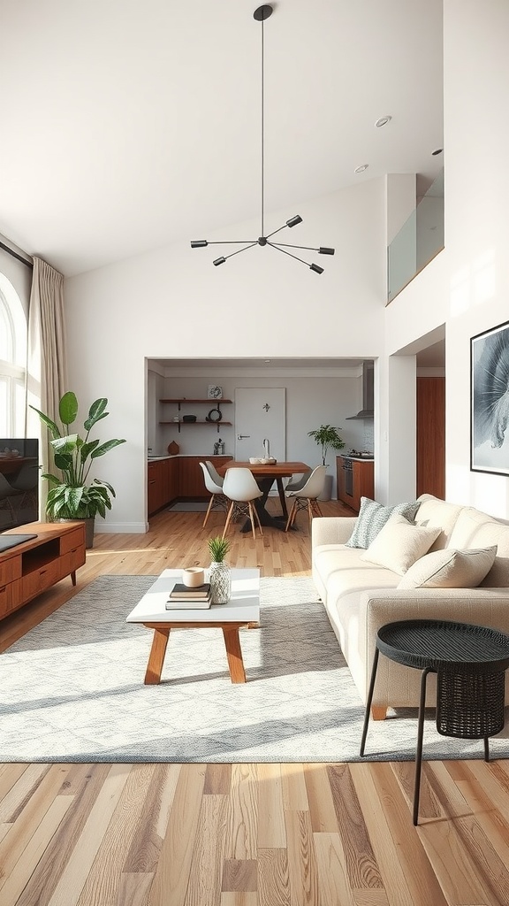 A cozy living room with a dining area, featuring wooden floors, a sofa, and a modern dining table.