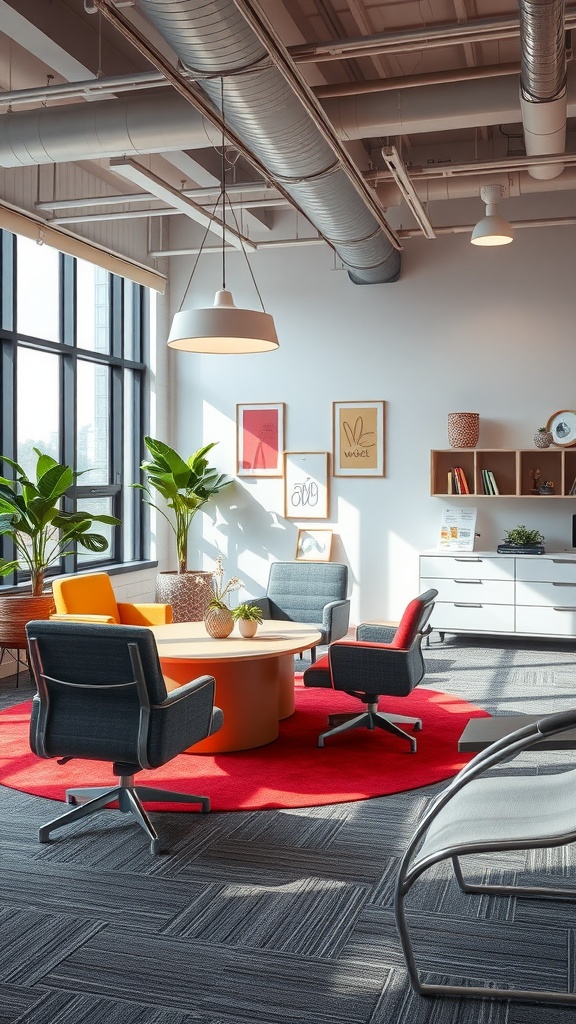 A vibrant meeting space in a 10x12 office layout with colorful chairs, a round table, and natural light.