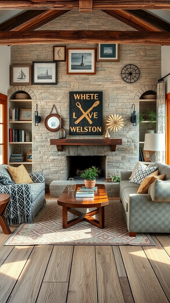 Modern living room with rustic accents, featuring a stone fireplace, patterned sofas, and wooden elements.