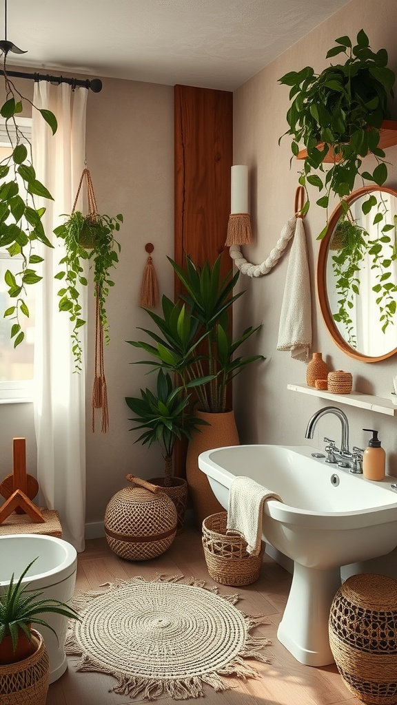 A cozy bohemian bathroom featuring earth tones, plants, and natural materials.