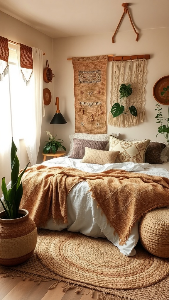 Cozy boho style bedroom with earthy tones, plants, and textured decor