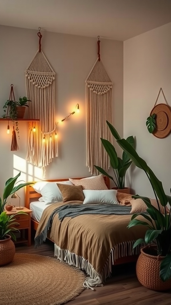 A cozy boho bedroom featuring a wooden bed with earthy tones, macramé wall hangings, lush green plants, and warm lighting.