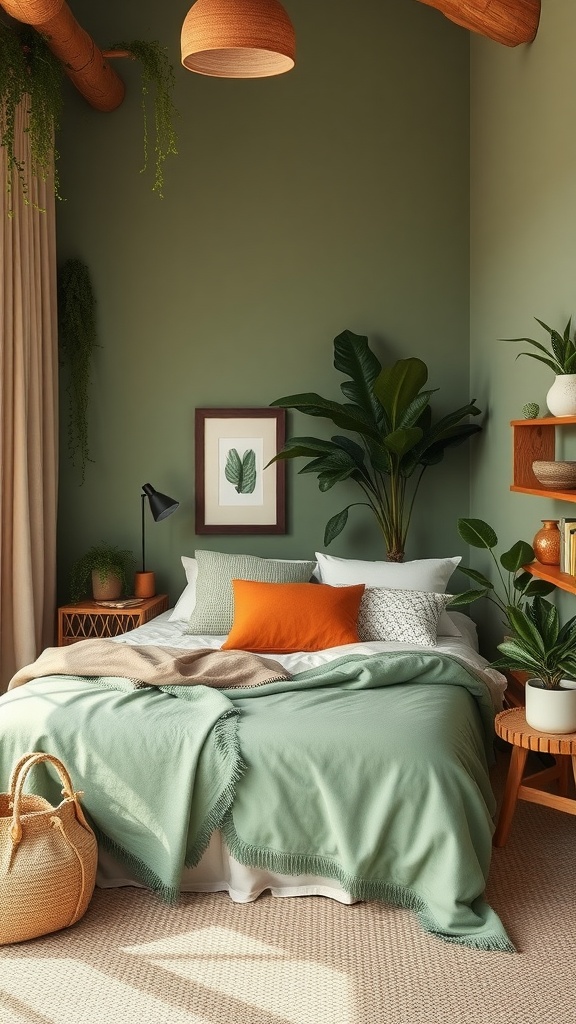 A cozy bedroom featuring green walls, a soft bed with mint and beige blankets, an orange pillow, and indoor plants for a natural vibe.