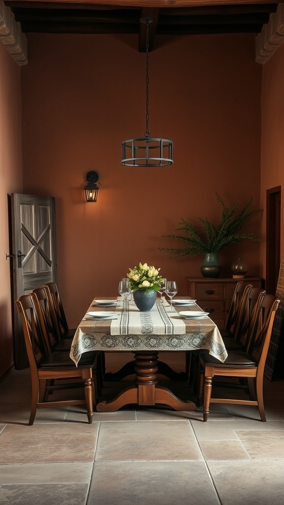 A dining room with Earthy Clay Brown walls, wooden furniture, and a cozy table setting