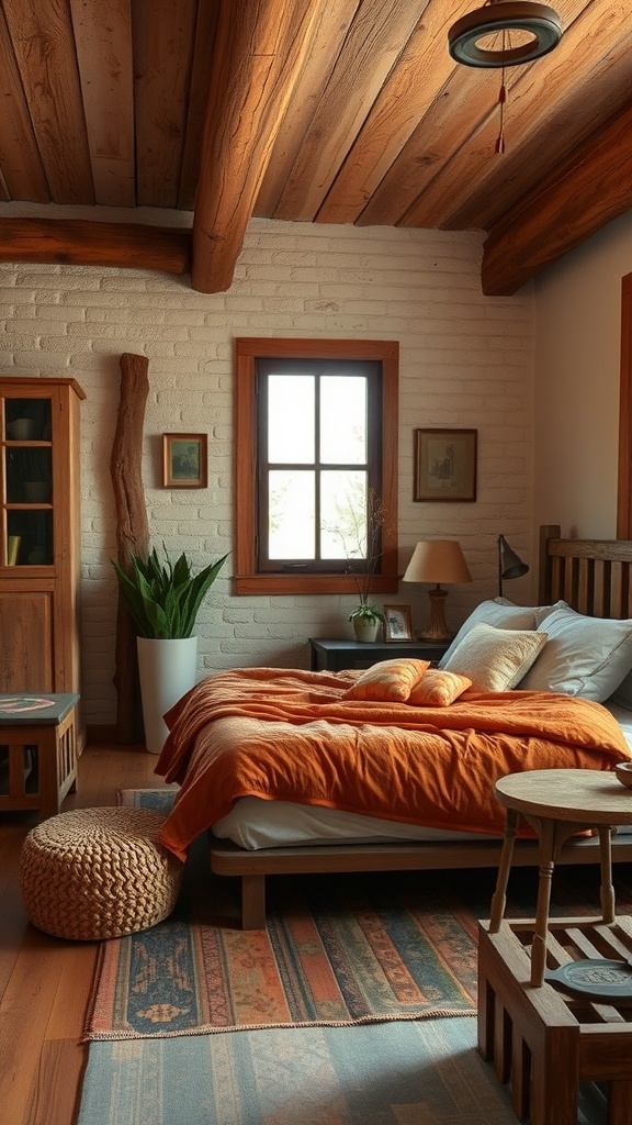 A rustic bedroom featuring earthy tones, wooden beams, and cozy textiles.