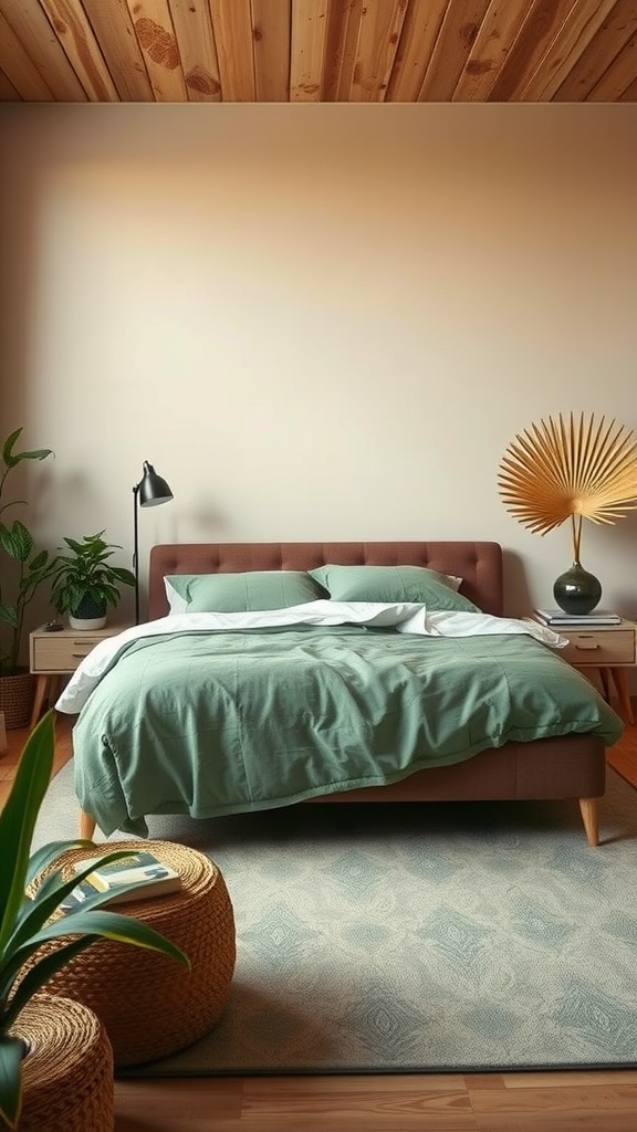 A serene boho bedroom featuring earthy colors, a green bedspread, wooden ceiling, and plants