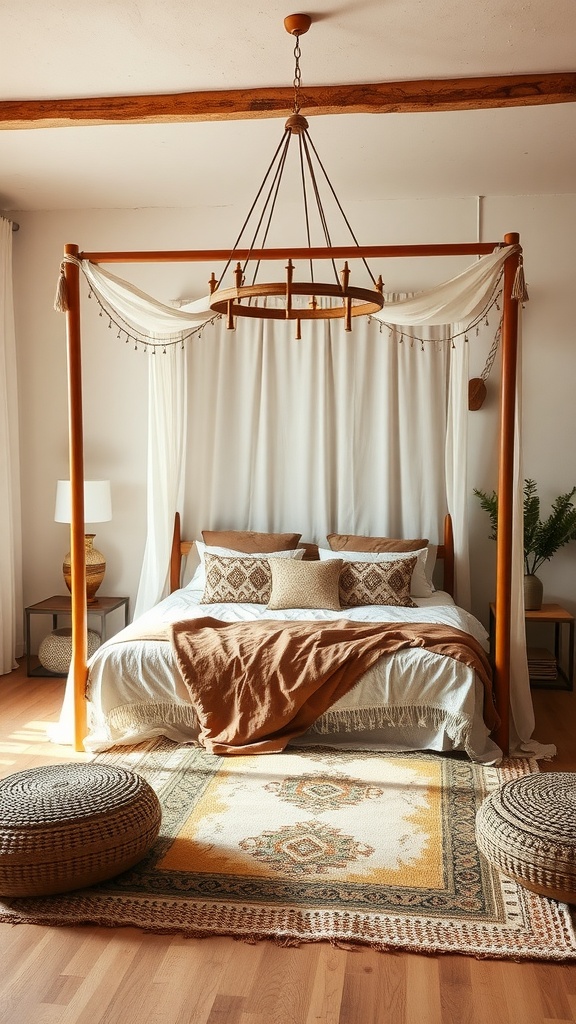 A serene Boho bedroom featuring a canopy bed with earthy colors, woven poufs, and patterned decor.