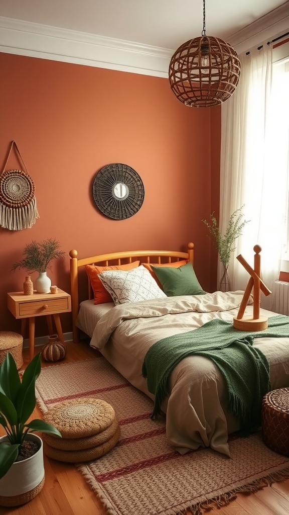 A cozy bohemian bedroom with earthy colors, featuring a terracotta wall, wooden bed, and green accents.