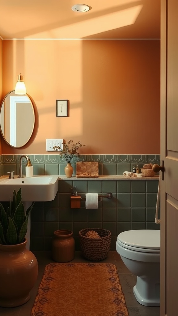 A cozy bathroom featuring warm terracotta walls, deep green tiles, a round mirror, and a plant in a clay pot.