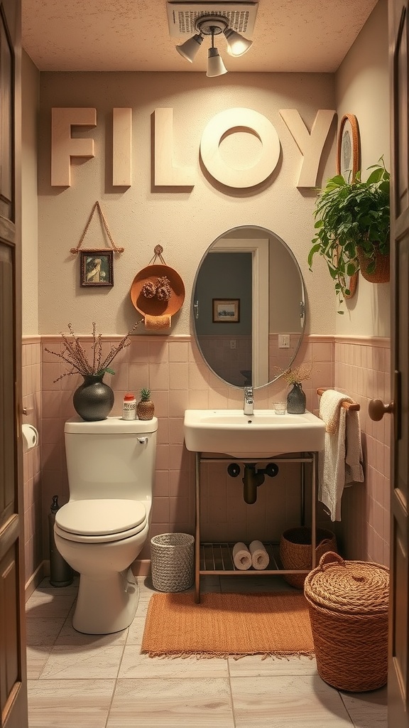 A cozy 70s inspired bathroom with earthy tones, plants, and decorative letters.