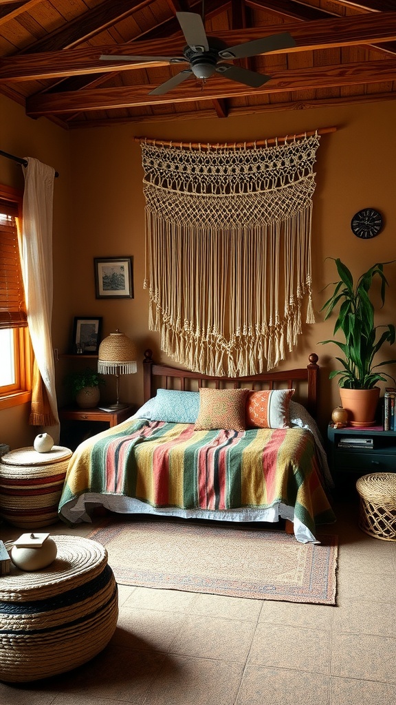 A warm, earthy-toned bedroom featuring a macramé wall hanging, striped blanket, and potted plants.