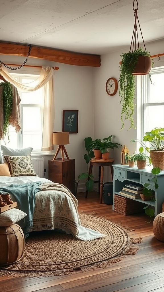 A cozy bedroom featuring wooden beams, plants, and a woven area rug, embodying earthy elegance.