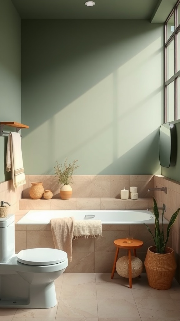 A bathroom featuring earthy green walls and beige tiles, with natural decor elements.