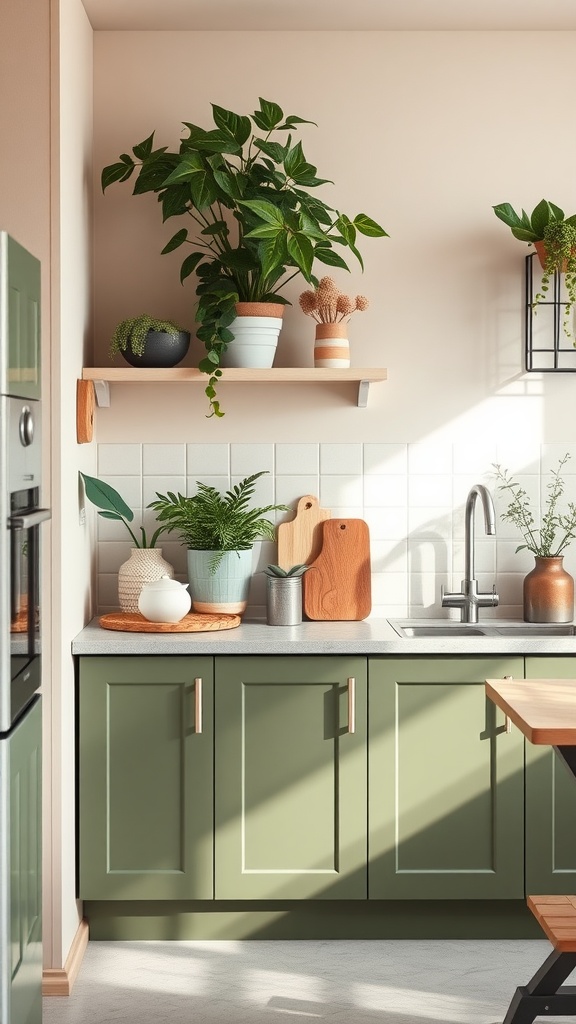 A kitchen featuring earthy green cabinets and soft beige walls with plants and decorative items on shelves.