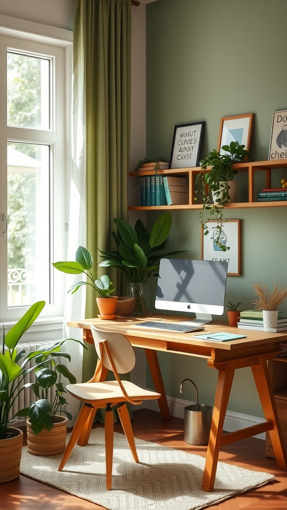 A home office with earthy green walls, a wooden desk, a computer, and various plants.