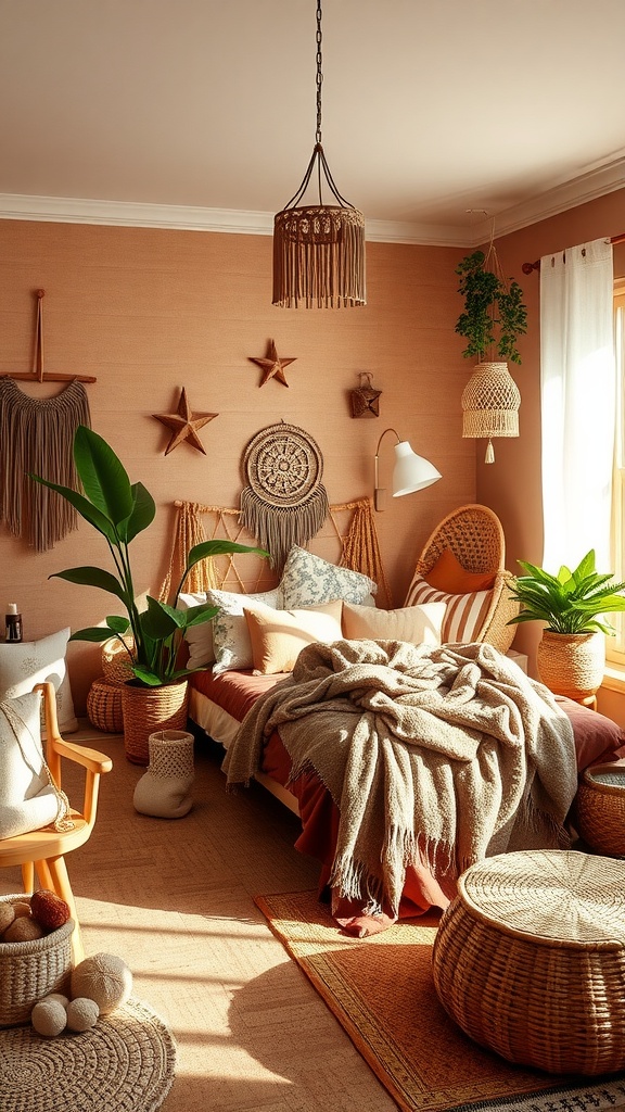 A cozy Boho-style bedroom with earthy tones, plants, and rattan furniture.