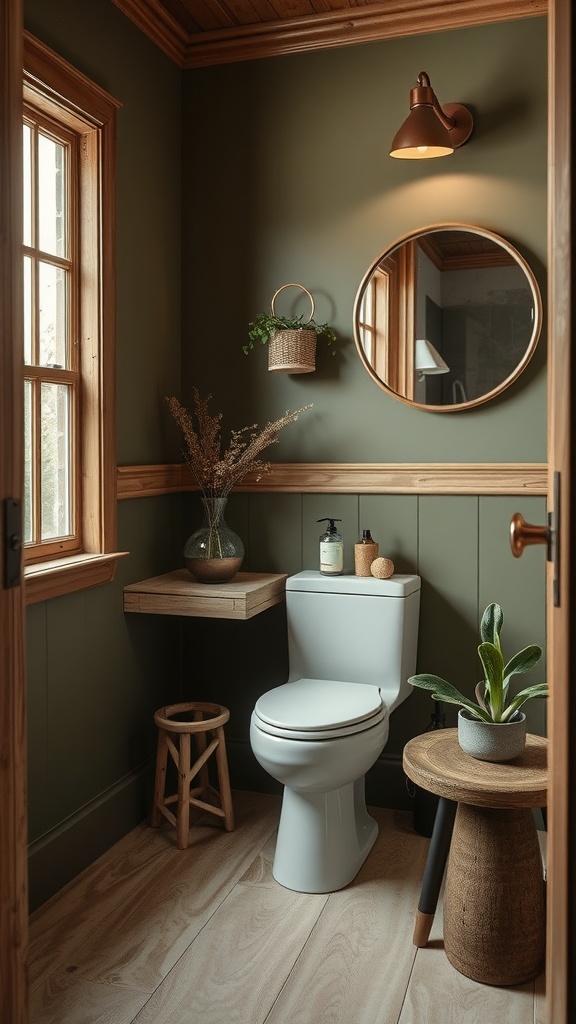 A cozy powder room featuring earthy olive walls, natural wood accents, and plants.