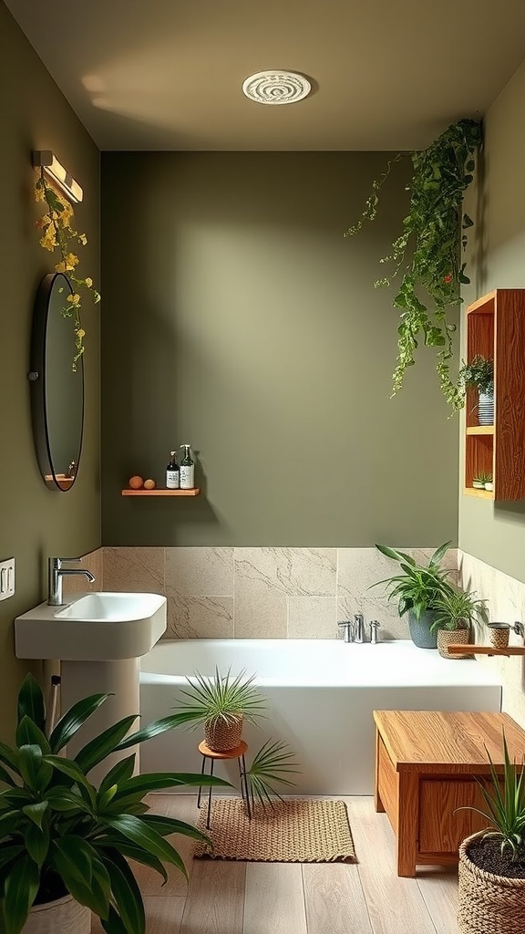 A serene bathroom featuring earthy olive green walls, natural wooden accents, and abundant indoor plants.