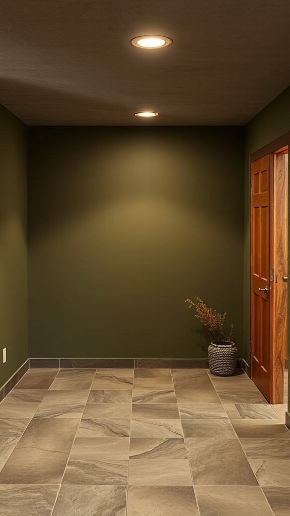 A basement with earthy olive green walls and light-colored flooring, featuring a plant in a woven pot.