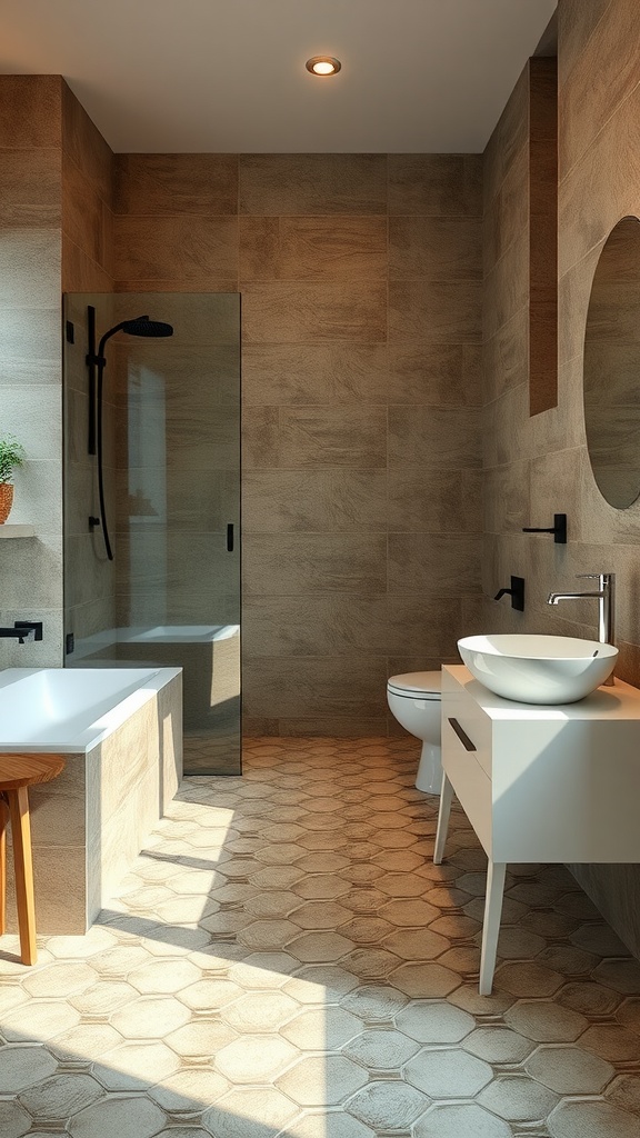 A modern bathroom with earthy pebble tile flooring, a white sink, and a minimalist design.