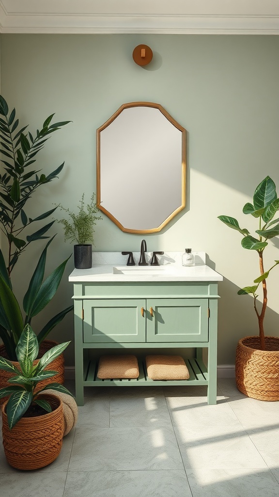 A serene bathroom featuring a sage green vanity, white countertop, and potted plants