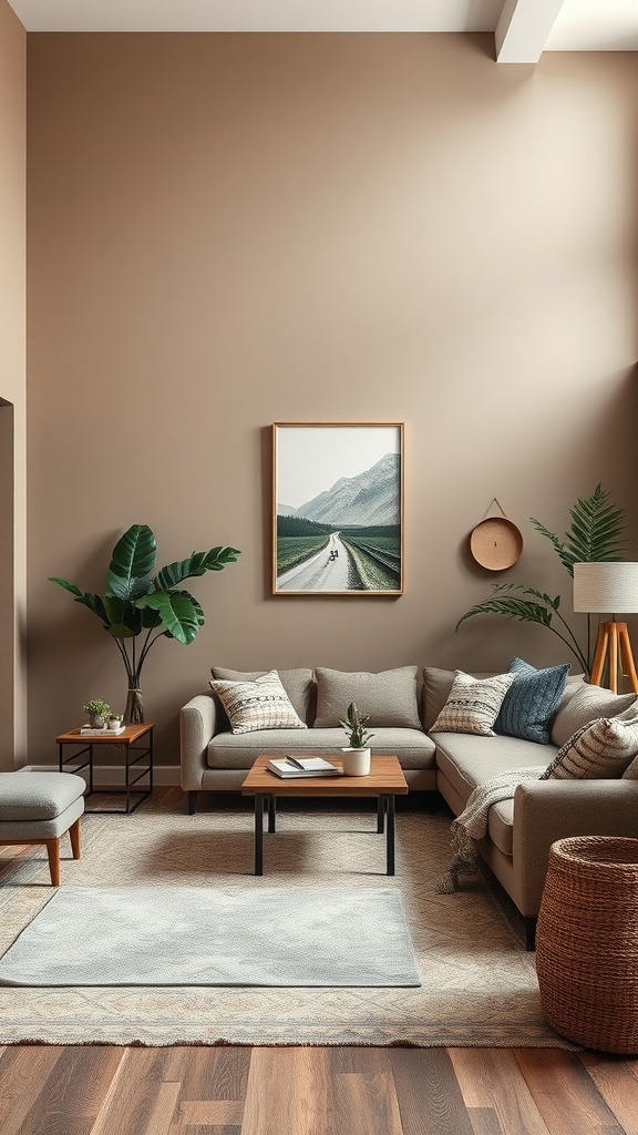 Cozy living room with earthy taupe walls, soft gray sofa, and natural decor elements.