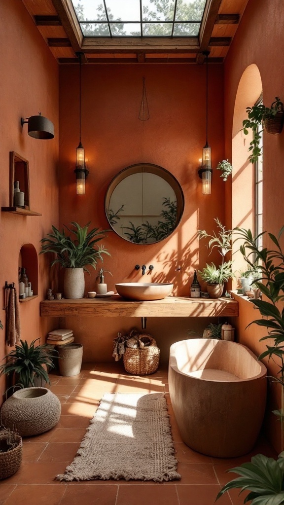 A cozy bathroom featuring earthy terracotta walls and rustic brown accents.