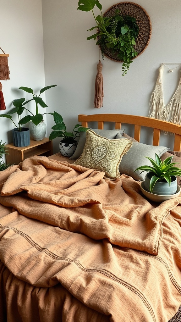 A cozy bedroom featuring earthy textured layers of bedding in warm orange tones, complemented by decorative pillows and lush green plants.