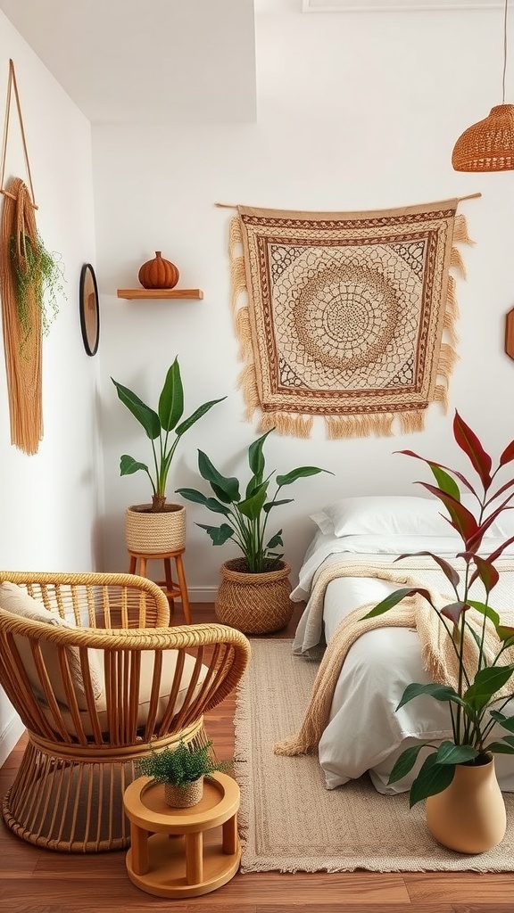 A cozy boho bedroom featuring earthy textures, plants, and a woven wall hanging