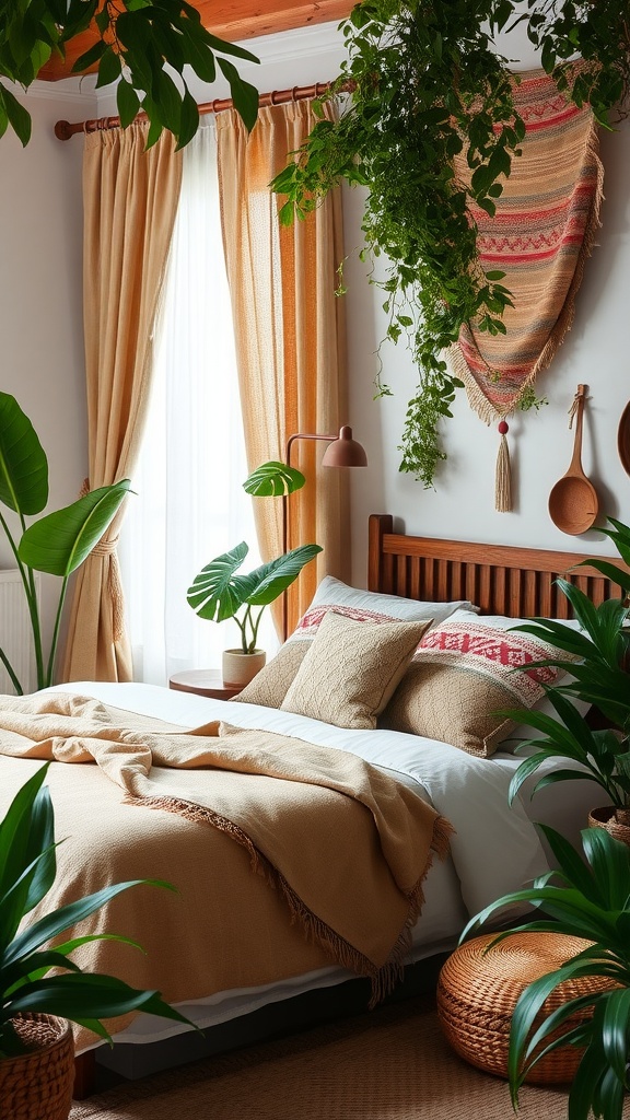 A cozy bedroom featuring earthy tone textiles, plants, and wooden decor in a Boho jungle theme.