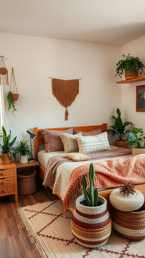 Boho style bedroom featuring earthy tones with plants and textured decor