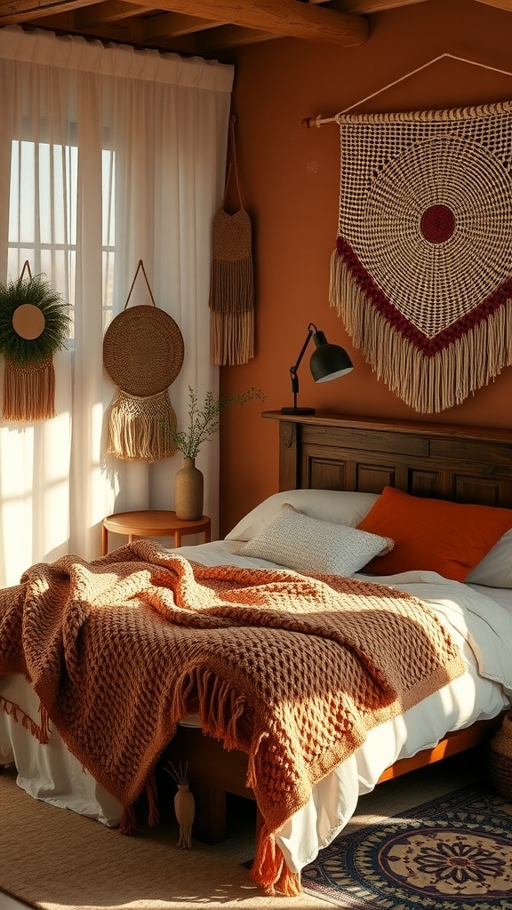 A cozy small bedroom featuring earthy tones with a knitted blanket, woven wall hangings, and natural light.