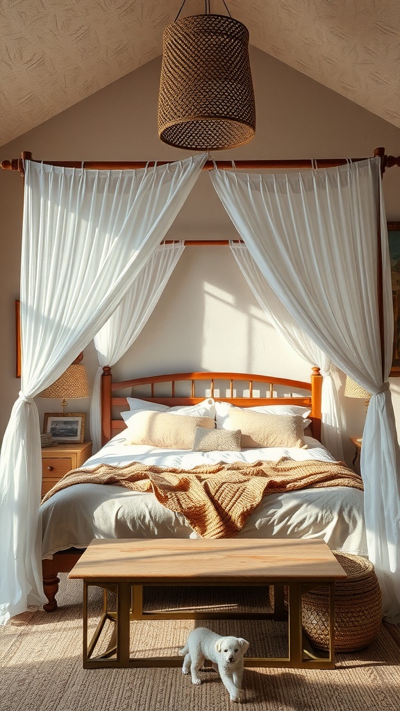 A serene Boho bedroom featuring a canopy bed with earthy tones and textures